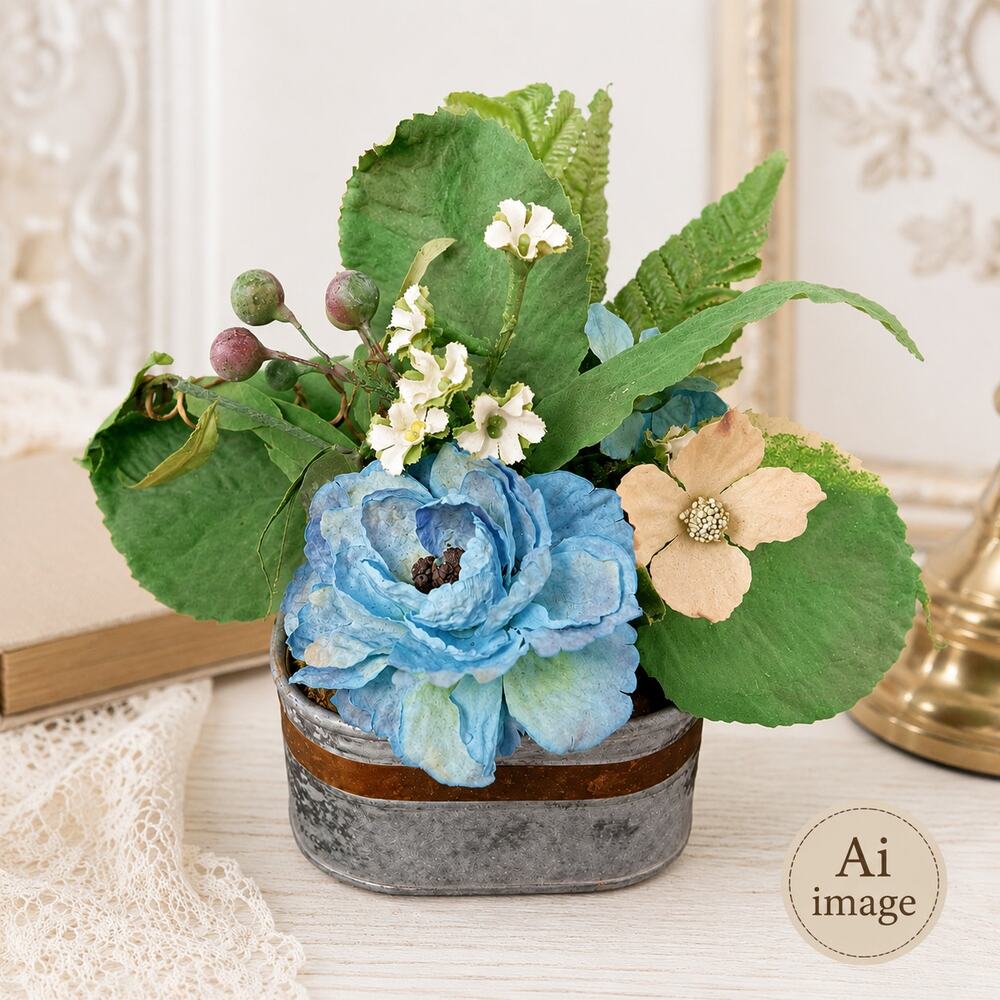💐🔵🩶 VTG Metal Music Box Floral Arrangement Distressed Rustic Home Decor Gift
